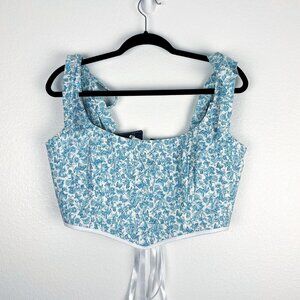 Blue Floral Print Corset Top with Tie Straps – Cottagecore Summer Style
